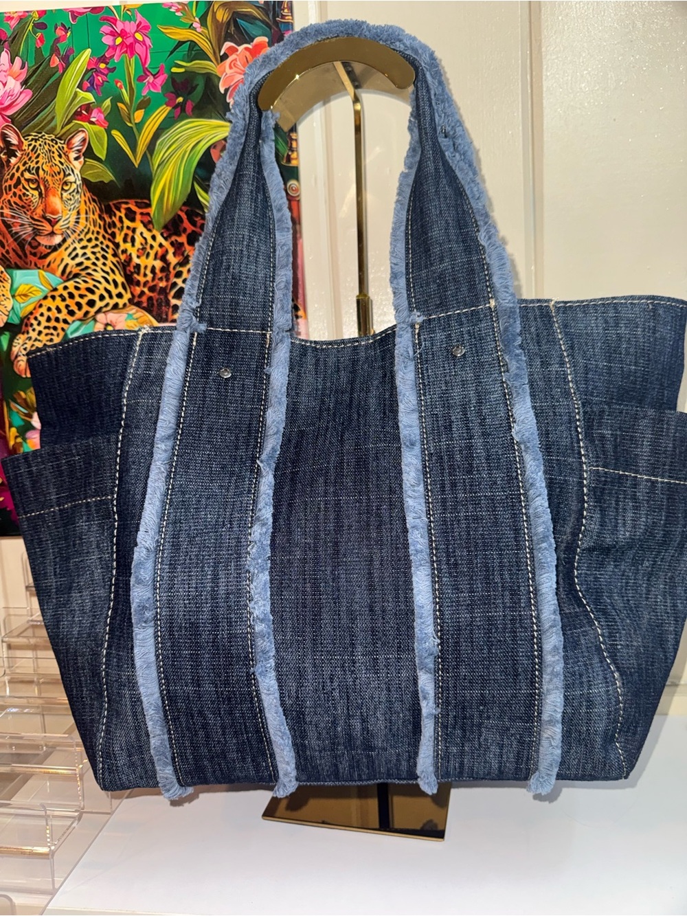 True Religion Dark Blue Denim Tote Bag with Light Blue Trim - Picture 2 of 5
